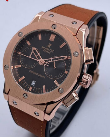 Hublot Copper Black Dial Chronograph Analog Quartz Datejust Leather Belt Watch