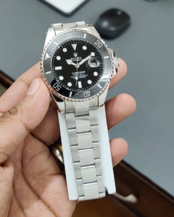 Rolex Silver Metal Strap Black Bezel Men's Watch