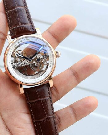 Automatic Rose Gold Transparent Dial Leather Strap Patek Philippe Watch