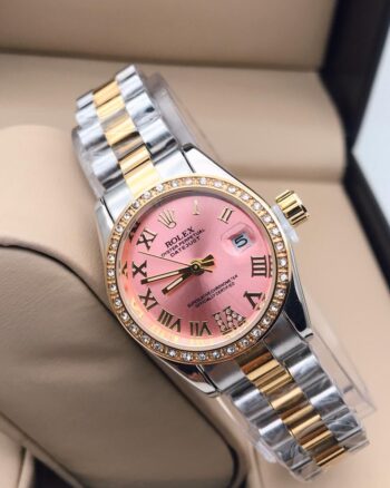 Rolex Pink Dial Luxury Silver Gold Strap Women’s Watch