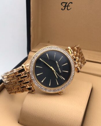 Michael Kors Diamond Studded Black Dial Gold Metal Strap Watch For Women