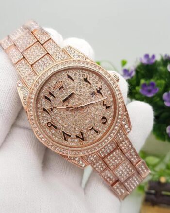 Casual Rolex Men's Analog Rose Gold Arabic Numerals Diamond Watch