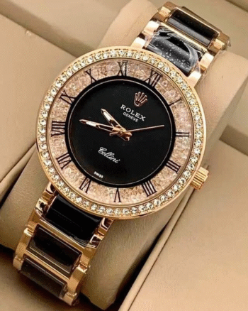 Rolex Black And Rose Gold Metal Belt Party Wear Diamond Studded Women’s Watch