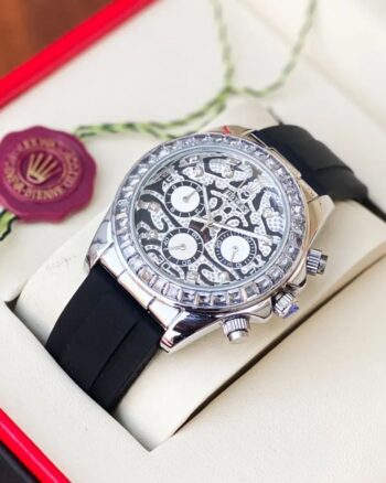 Rolex Diamond Studded Black Leather Belt Watch For Men