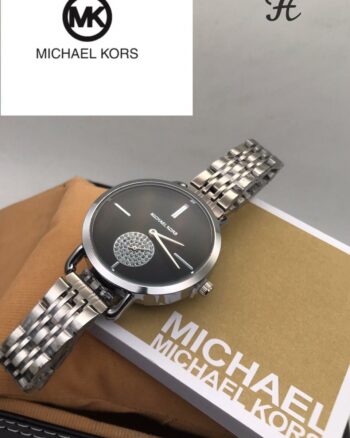 Michael Kors Black Dial Silver Metal Strap Diamond Watch For Women