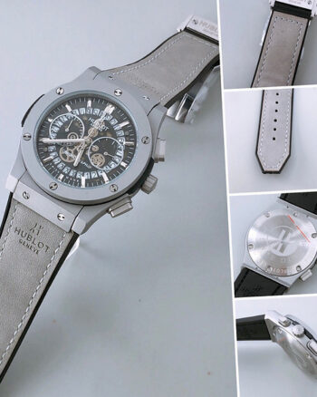Hublot Grey Dotted Dial Analog Quartz Chronograph Leather Belt Men's Watch