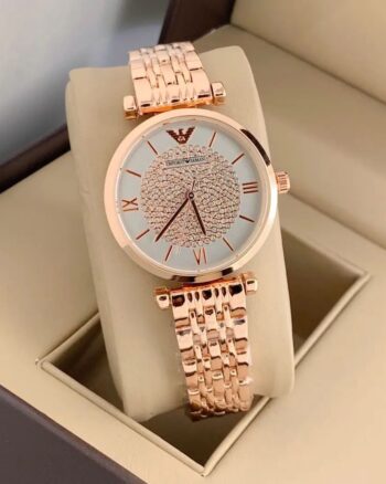 Emporio Armani White Dial Diamond Studded Watch For Women
