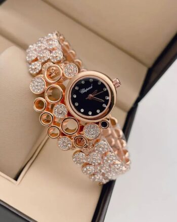Chopard Rose Gold Diamond Studded  Black Dial Watch For Women
