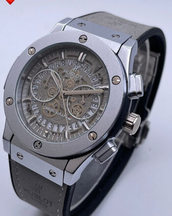 Hublot Grey Dotted Dial Analog Quartz Chronograph Leather Belt Men's Watch