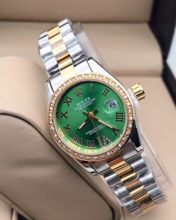 Rolex Green Dial Silver Gold Metal Strap Luxury Women's Watch