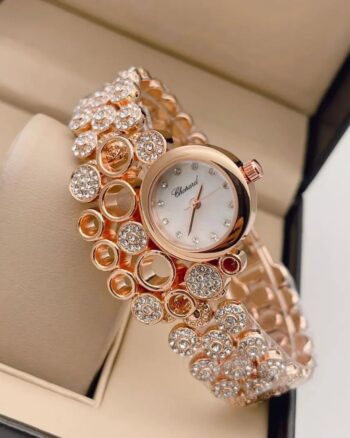 Elegant Chopard Rose Gold Diamond Studded White Dial Watch For Women