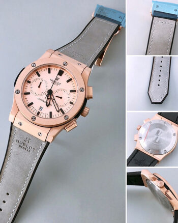Hublot Rose Gold Dial Analog Quartz Chronograph Grey Leather Belt Men's Watch