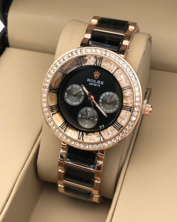 Stunning Black Diamond Studded Rolex Watch For Women