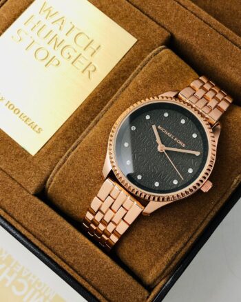Michael Kors Black Dial Rose Gold Metal Strap Watch for Women