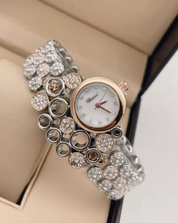 Rose Gold Diamond Studded White Dial Watch For Women