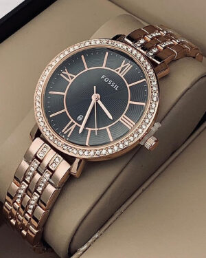 Fossil Black & Rose Gold Dial Watch For Women