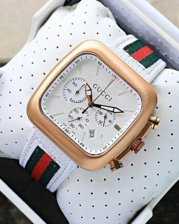 Gucci White Dial Analog Quartz Datejust  Leather Belt Square Model Men's Watch
