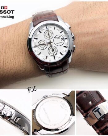 Tissot Brown Leather Strap Silver Bezel Watch For Men