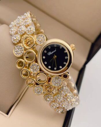 Chopard Gold Diamond Studded Black Dial Watch For Women