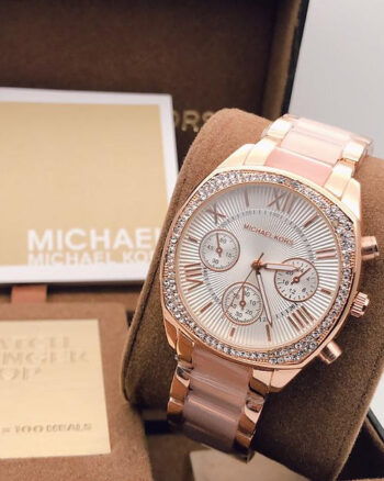 Michael Kors Pink-White Dial Chronograph Analog Quartz Metal Belt Women's Watch