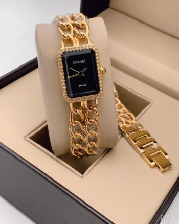 Chanel Swiss Made Gold Chain Strap Black Dial Watch For Women