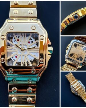 Luxury Cartier Transparent Square Gold Dial Quartz Analog Men's Watch