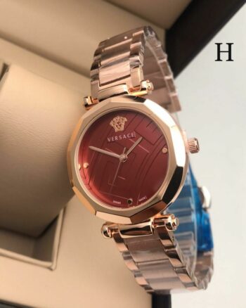 Versace Red Dial Rose Gold Metal Strap Women's Watch