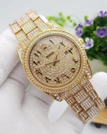 Luxury Rolex Men's Analog Gold Arabic Numerals Diamond Watch