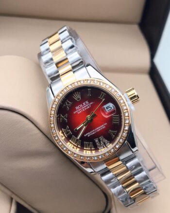 Rolex Red Dial Silver And Gold Metal Strap Women’s Watch