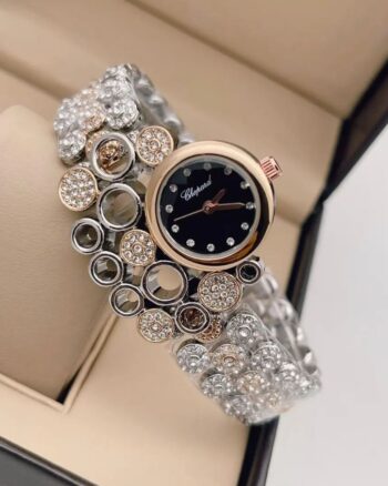 Chopard Silver Gold Black Dial Diamond Studded Watch For Women
