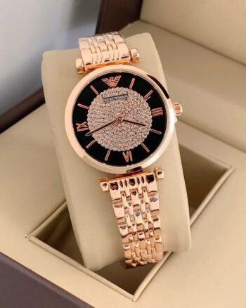 Emporio Armani Rose Gold Metal Belt Diamond Studded Watch For Women