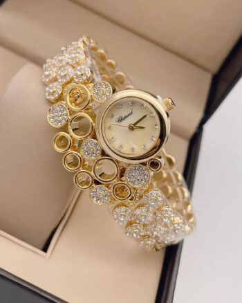 Chopard Shining Gold Dial Diamond Studded Watch For Women