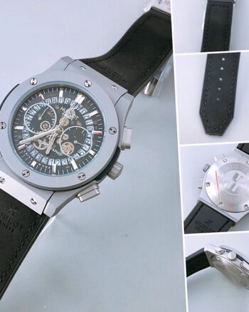 Hublot Black-Grey Dial Analog Quartz Chronograph Leather Belt Men's Watch