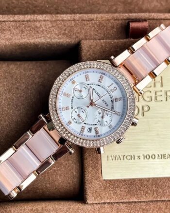Michael Kors Chronograph Rose Gold Watch With Two Tone Pink and Rose Gold Stainless Steel Belt