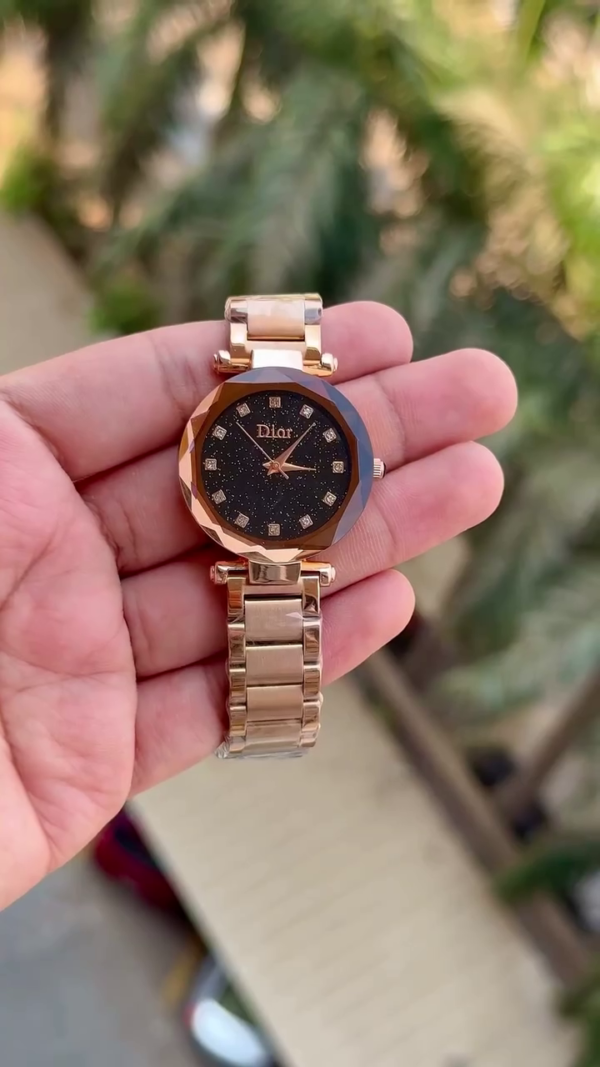 Luxury Dior Women Quartz Black Dial Stainless Steel Band Wristwatch