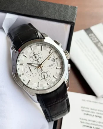 Tissot Chronograph Silver Bezel Black Leather Strap Watch For Men